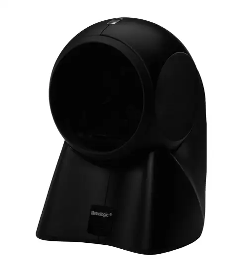 Schwarzer Tisch-Barcodescanner mit einem kugelförmigen Scan-Kopf und einem optisch integrierten Standfuß.
