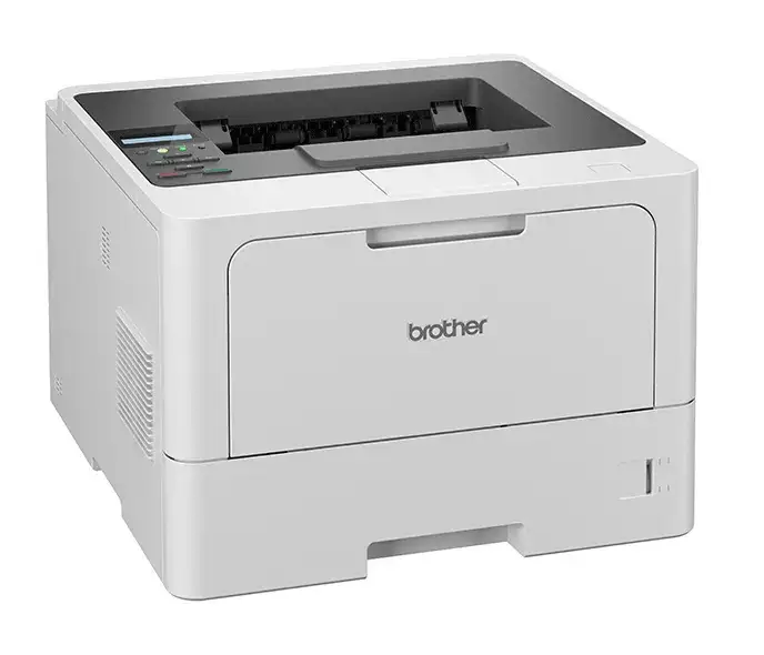 Kompakter weißer Brother-L5210DN Drucker mit Papierausgabe an der Oberseite, Papierschublade und Klappe an der Front.