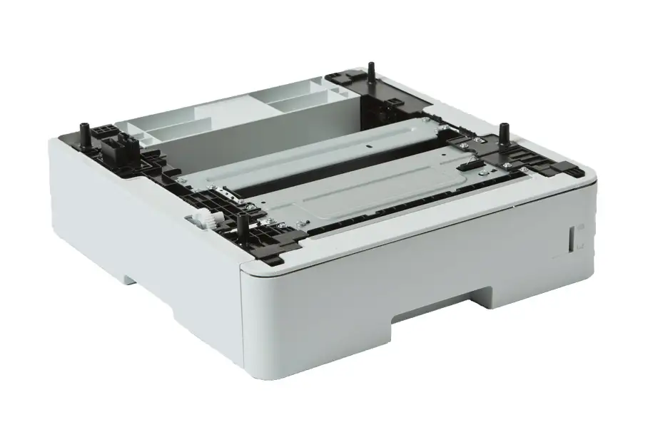 Weiße Papierschublade für einen Drucker, an der Oberseite ist der Andockmechanismus sichtbar.