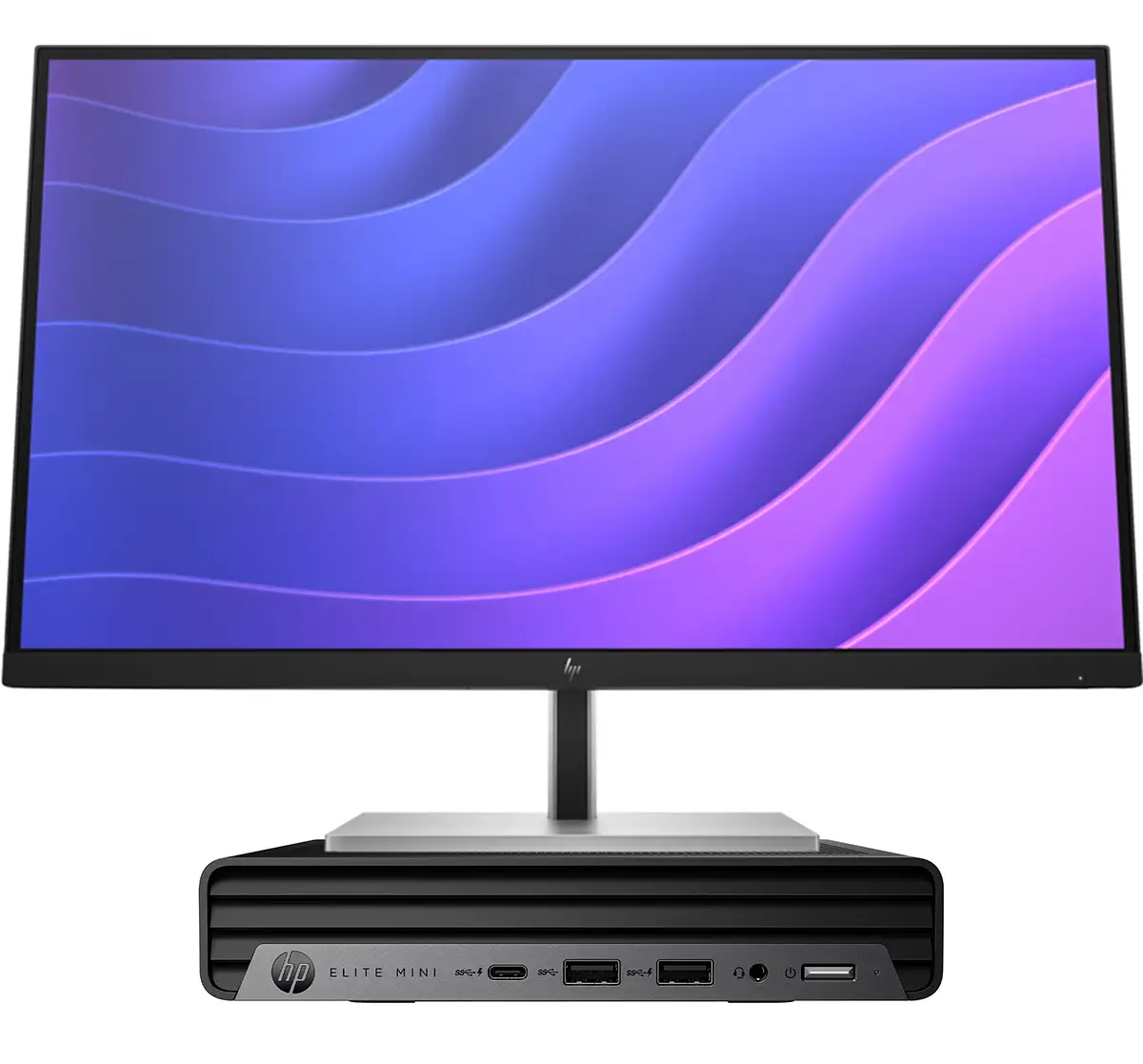 Ein kleiner, flacher Desktop Rechner mit dem hp Logo und der Aufschrift "ELITE MINI" auf dem ein Flachbildschirm steht.