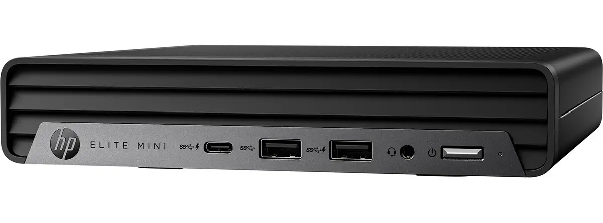 Leicht seitliche Ansicht eines flachen schwarzen Computers mit Logo hp und Aufschrift Elite Mini auf der Front.