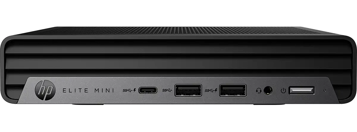 Frontansicht eines flachen schwarzen Computers mit Logo hp und Aufschrift Elite Mini auf der Front.