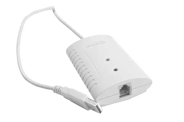 USB-Kassenöffner in Form einer kleinen, weißen Box mit Netzwerkstecker, an dem ein kurzes USB-Kabel steckt.